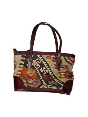 Kilim ART Turkish Wool Leather Tote Bag Large Shopper Weekender Boho Travel